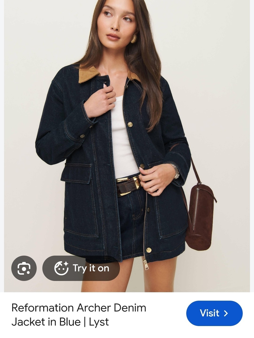 Reformation Dark Blue Denim Jacket with Tan Corduroy Collar